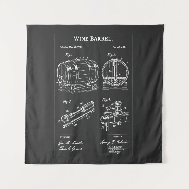 Wine Barrel Blueprint Sketch Tapestry (Front)