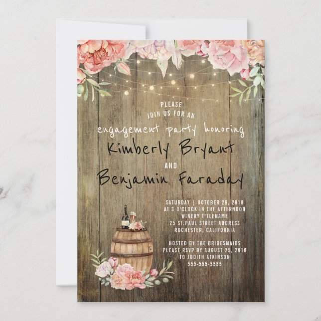 Wine Barrel Rustic String Lights Engagement Party Invitation (Front)