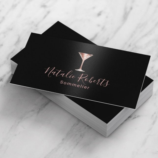 Wine Bartender Sommelier Black & Rose Gold Business Card (Creator Uploaded)