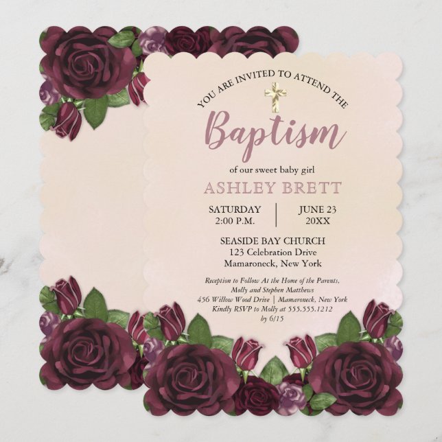 Wine | Blush | Mauve Painterly Floral Baptism Invitation (Front/Back)