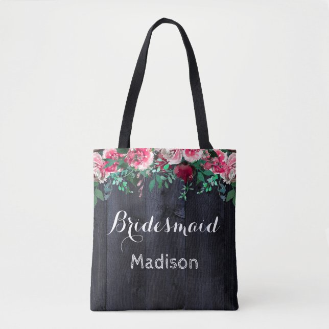 Wine Blush & Navy Wood Burgundy Wedding Monogram Tote Bag (Front)