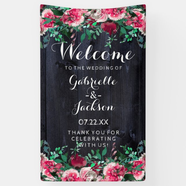 Wine Blush & Navy Wood Burgundy Wedding Welcome Banner (Vertical)