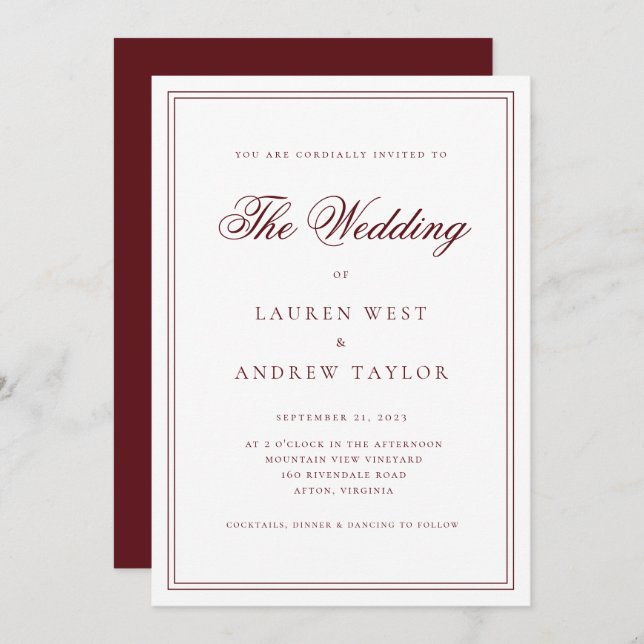 Wine Bordeaux Modern Minimalist The Wedding of  Invitation (Front/Back)