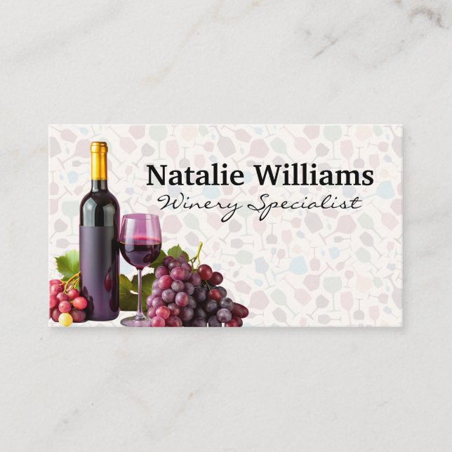 Wine Bottle and Glass and Grapes Business Card (Front)