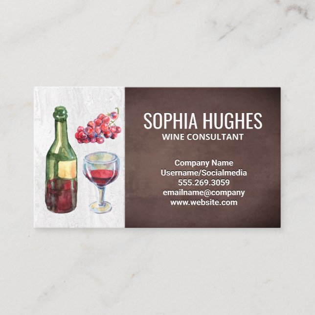 Wine Bottle and Glass | Grapes Business Card (Front)