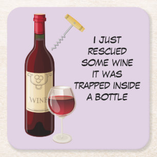 Wine bottle and glass illustration square paper coaster