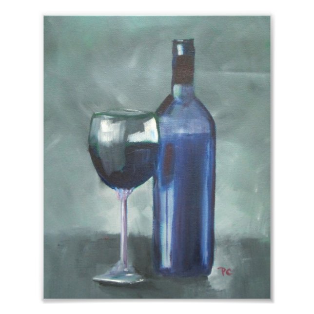 Wine Bottle and Glass Original Oil Painting Photo Print (Front)