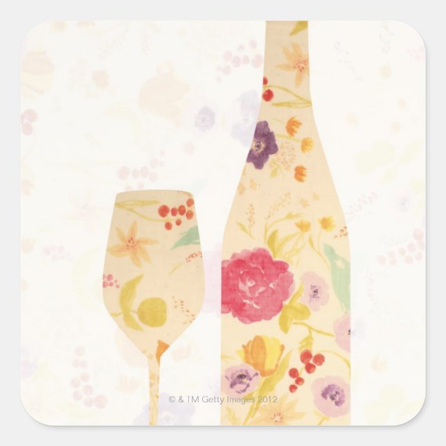 Wine Bottle and Glass Square Sticker (Front)