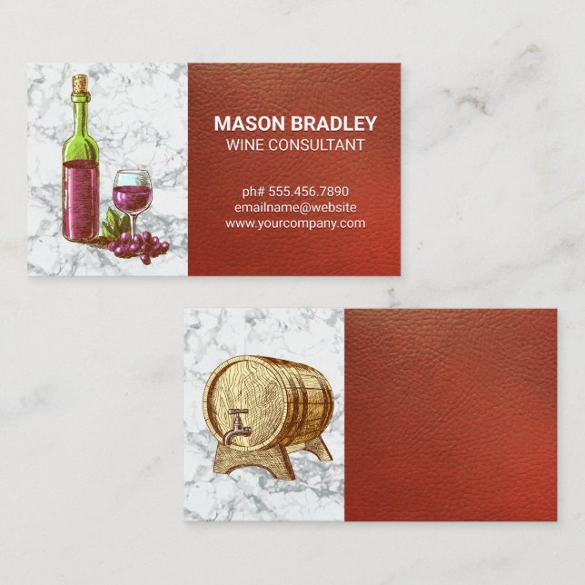 Wine Bottle and Glass | Wine Barrel | Leather Business Card (Front/Back)