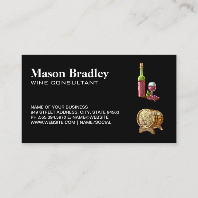 Wine Bottle and Glass | Wooden Barrel Business Card (Front)