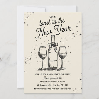 Wine Bottle and Glasses Hand Drawn New Year Party Invitation