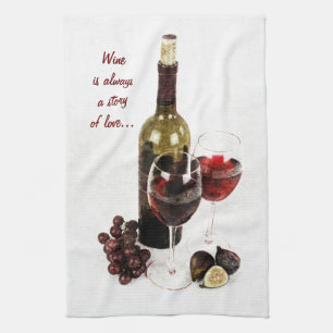 Wine bottle and glasses tea towel