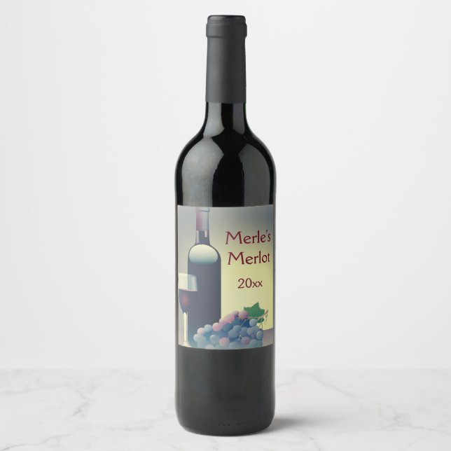 Wine Bottle and Grapes Design Wine Label (Front)