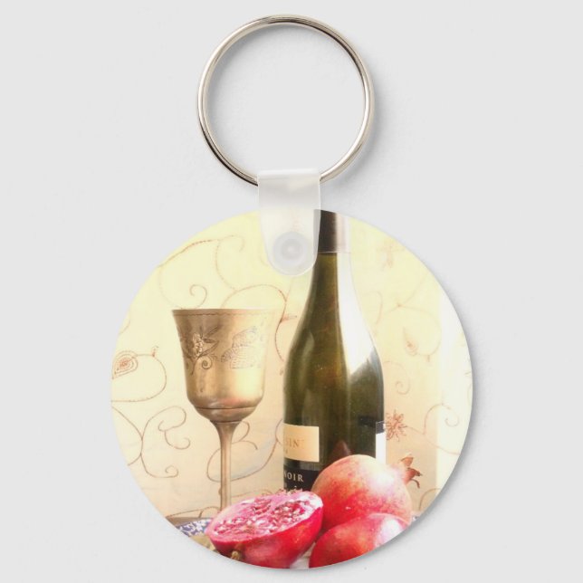 Wine Bottle And Pomegranates Key Ring (Front)