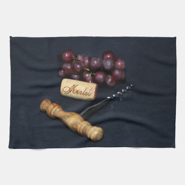 Wine bottle corks, corkscrew and grapes tea towel (Horizontal)