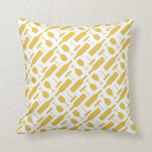 Wine Bottle Glass and Corkscrew Pattern Yellow Cushion