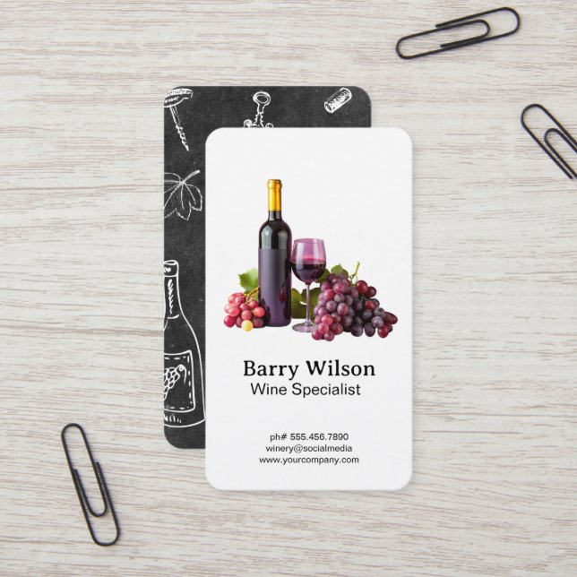 Wine Bottle Glass and Grapes Business Card (Front/Back In Situ)