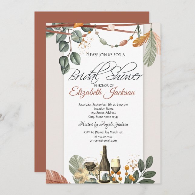 Wine Bottle Glass,Boho Bridal Shower   Invitation (Front/Back)