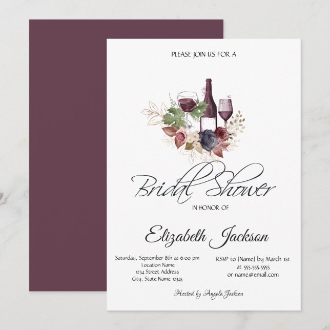 Wine Bottle Glass Burgundy Floral Bridal Shower Invitation (Front/Back)