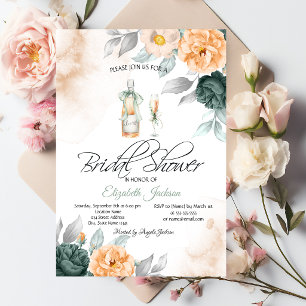 Wine Bottle Glass Chic Green Roses Dots Invitation