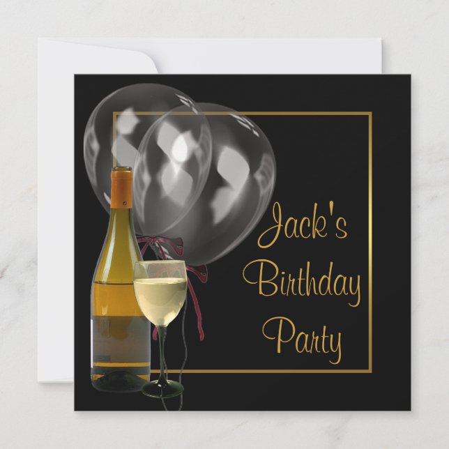 Wine Bottle Glass Gold Black Mens Birthday Party Invitation (Front)