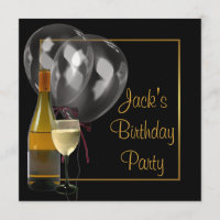 Wine Bottle Glass Gold Black Mens Birthday Party