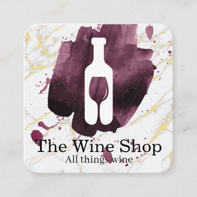 Wine Bottle Glass Logo | Brushed Marble Background Square Business Card (Front)
