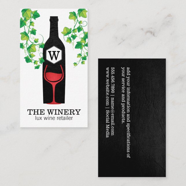 Wine Bottle & Glass | Lux | Grape Vines Business Card (Front/Back)