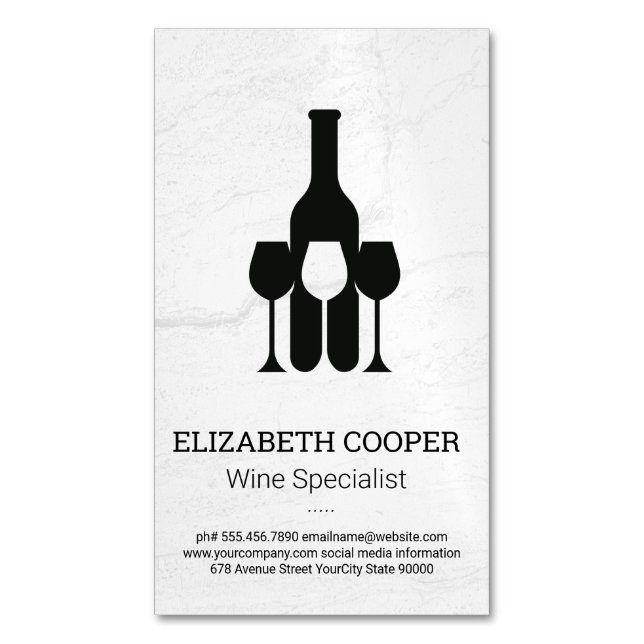 Wine Bottle Glasses Logo | Marble Background Magnetic Business Card (Front Vertical)