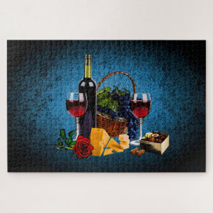 Wine bottle/grapes/basket, cheese, chocolate, Blue Jigsaw Puzzle