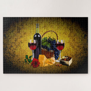 Wine bottle/grapes/basket, cheese, chocolate,Gold Jigsaw Puzzle
