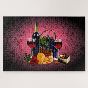 Wine bottle/grapes/basket, cheese, chocolate,Pink Jigsaw Puzzle