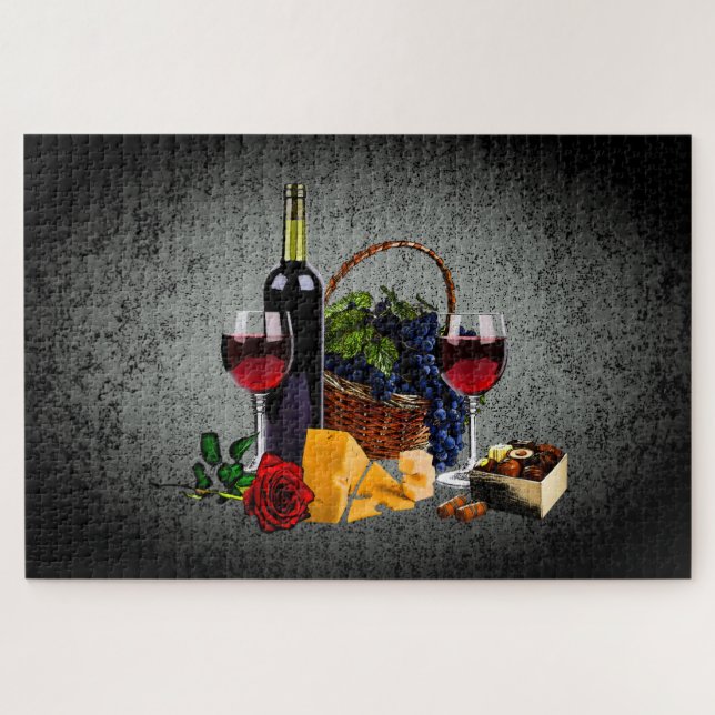 Wine bottle/grapes/basket, cheese/chocolate,Silver Jigsaw Puzzle (Horizontal)