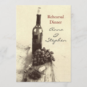 Wine bottle, grapes, corkscrew and corks invitation