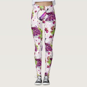 Wine bottle grapes leaves purple green beige leggings