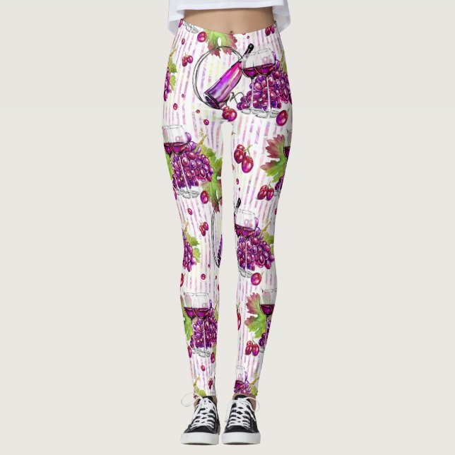 Wine bottle grapes leaves purple green beige leggings (Front)