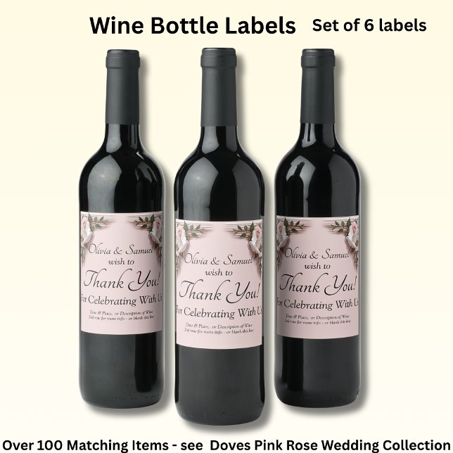 Wine Bottle Labels, Pink Roses & Doves  Label (Creator Uploaded)