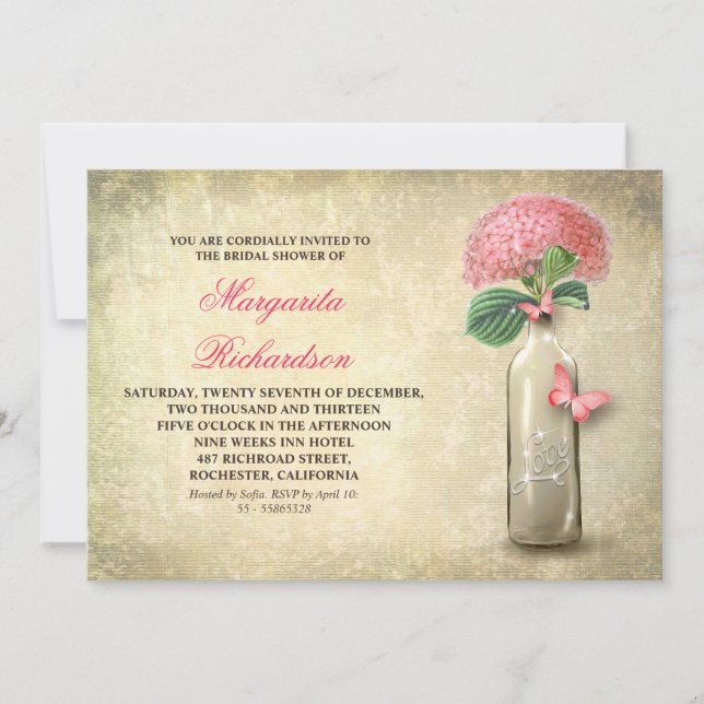 Wine bottle & pink flowers bridal shower invites (Front)
