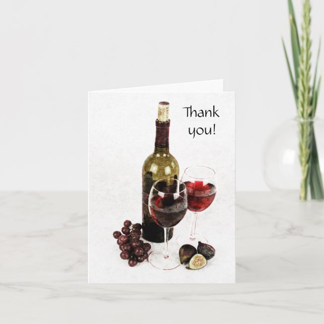 wine bottle, wine glass and fruit thank you note card (Front)