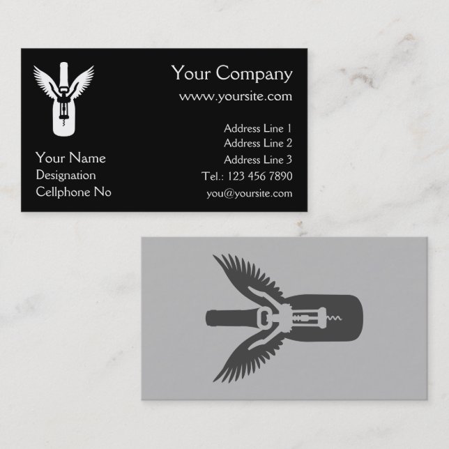 Wine Bottle with Wings and Corkscrew Business Card (Front/Back)