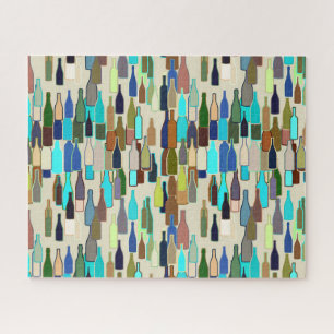 Wine Bottles, Blue Brown Turquoise and Beige  Jigsaw Puzzle