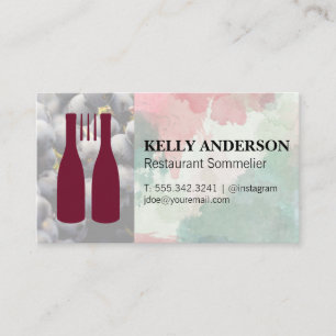 Wine Bottles Fork Watercolor Wine Grapes Business Card