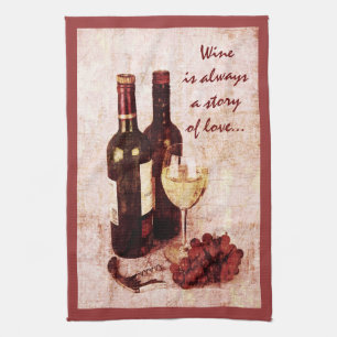 Wine bottles, grapes and wine glass tea towel