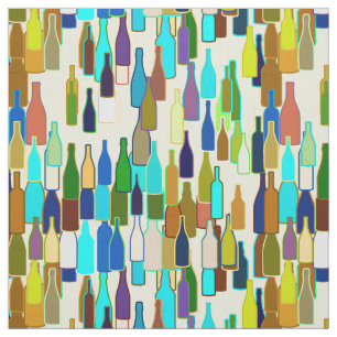 Wine bottles, multi colour, beige background fabric