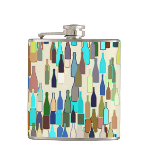 Wine bottles, multi colour, beige background hip flask