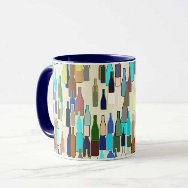 Wine bottles, multi colour, beige background mug (Front Left)