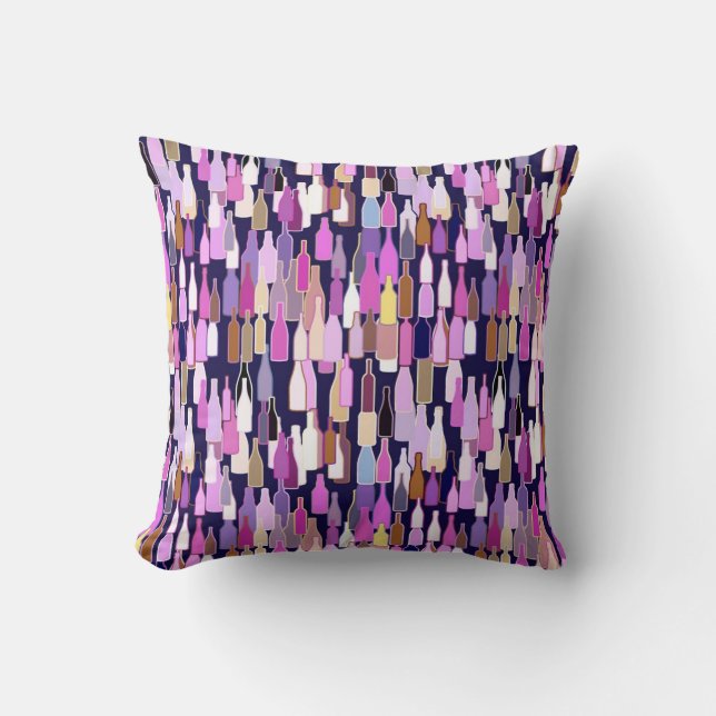 Wine bottles, multi colour, dark blue background cushion (Front)