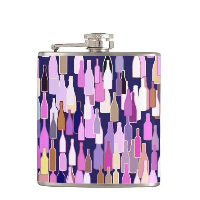 Wine bottles, multi colour, dark blue background hip flask (Front)