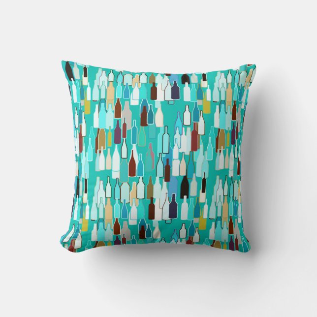 Wine bottles, multi colours, turquoise background cushion (Front)