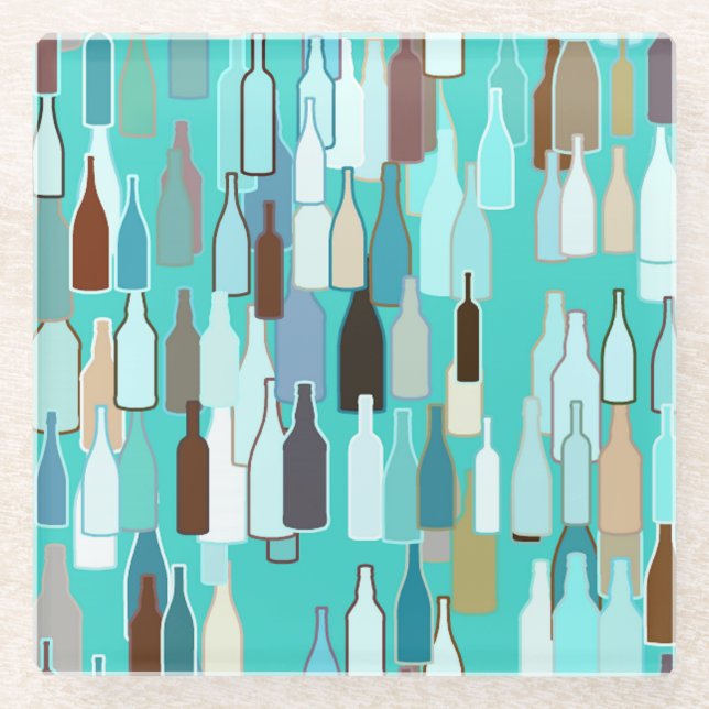Wine bottles, multi colours, turquoise background glass coaster (Front)